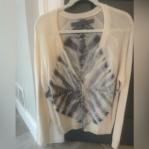 Raquel Allegra 100% Cashmere Cream Cardigan with Charcoal Tie-Dye Size 3/Large